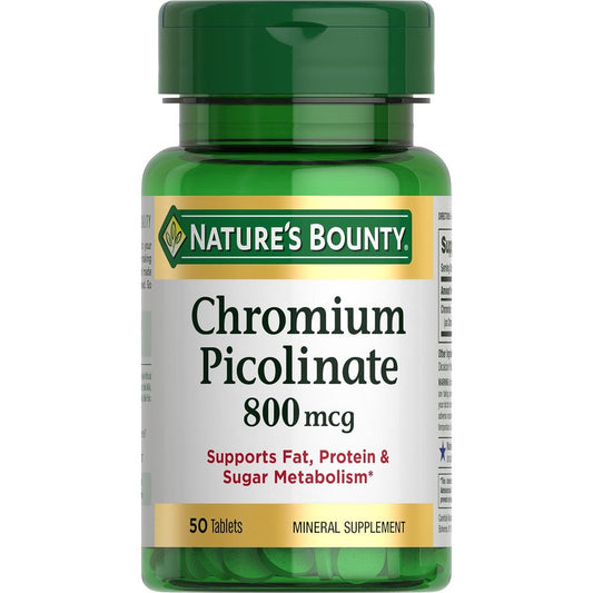Nature's Bounty Chromium Picolinate 800 mcg 50 tablets front view bottle for metabolism support