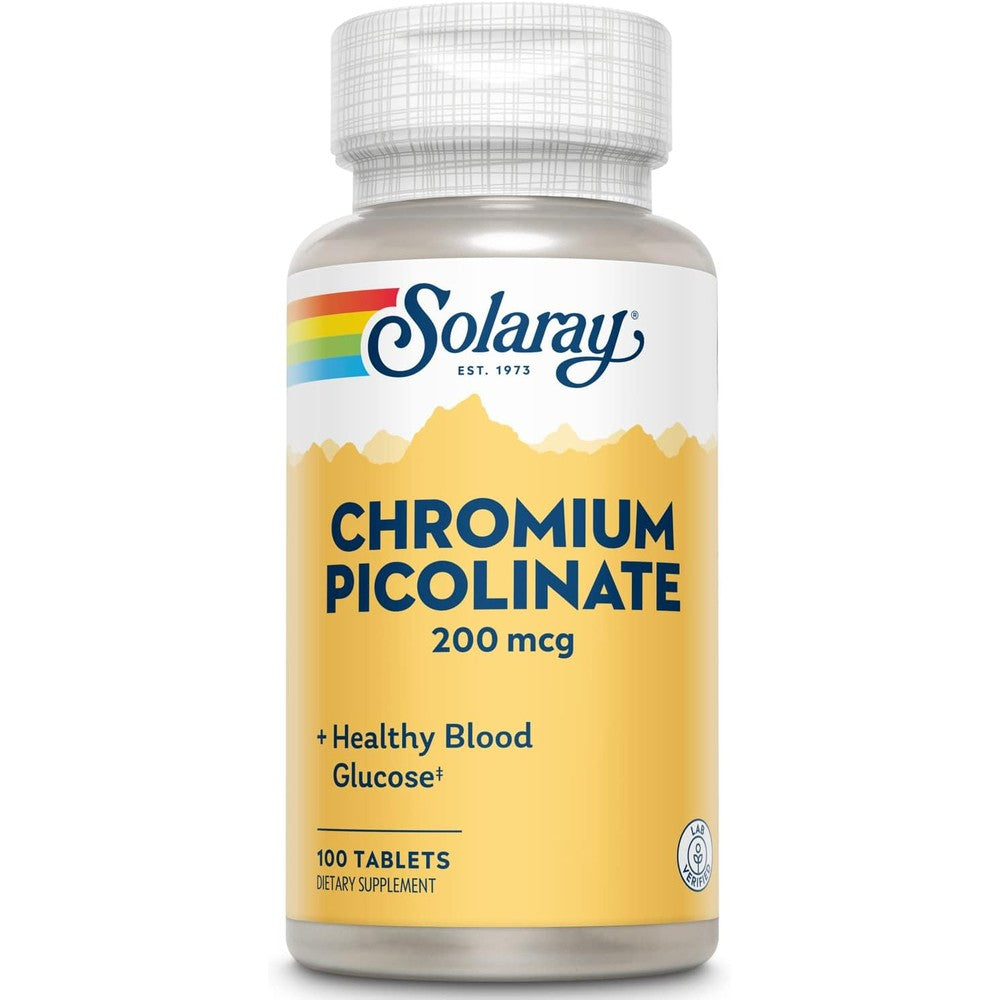 Solaray Chromium Picolinate 200 Micrograms 100 Tablets front bottle view showing authentic nutritional label