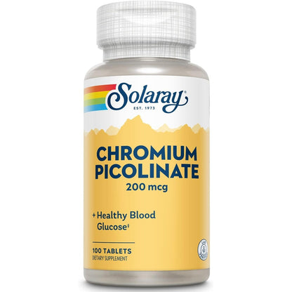 Solaray Chromium Picolinate 200 Micrograms 100 Tablets front bottle view showing authentic nutritional label