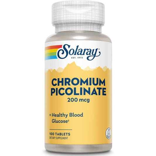 Solaray Chromium Picolinate 200 Micrograms 100 Tablets front bottle view showing authentic nutritional label