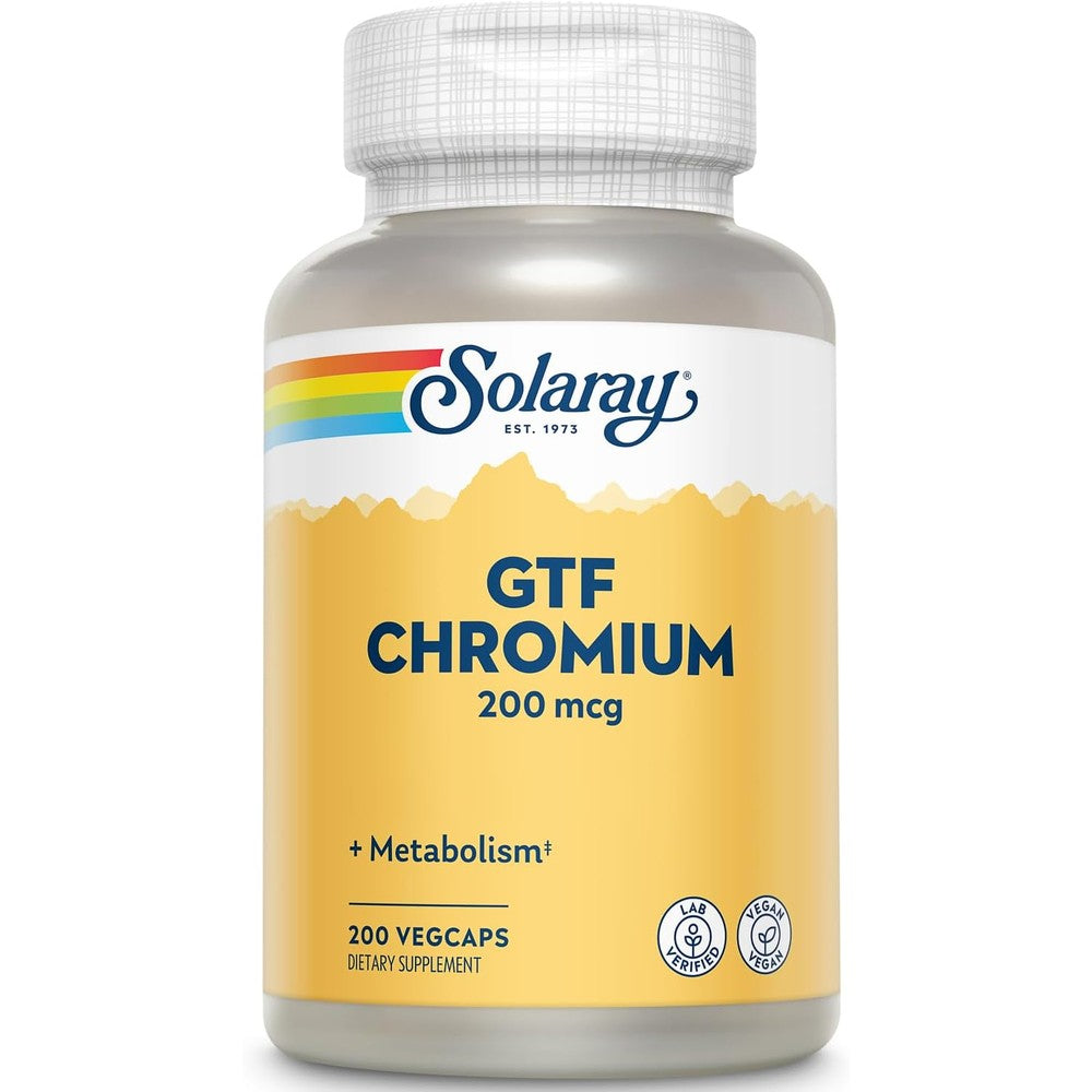 Solaray GTF Chromium 200 Mcg front view bottle showing 200 vegan capsules for metabolic support.