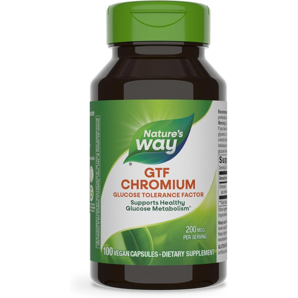 Nature's Way GTF Chromium 100 vegan capsules front bottle view for blood sugar support