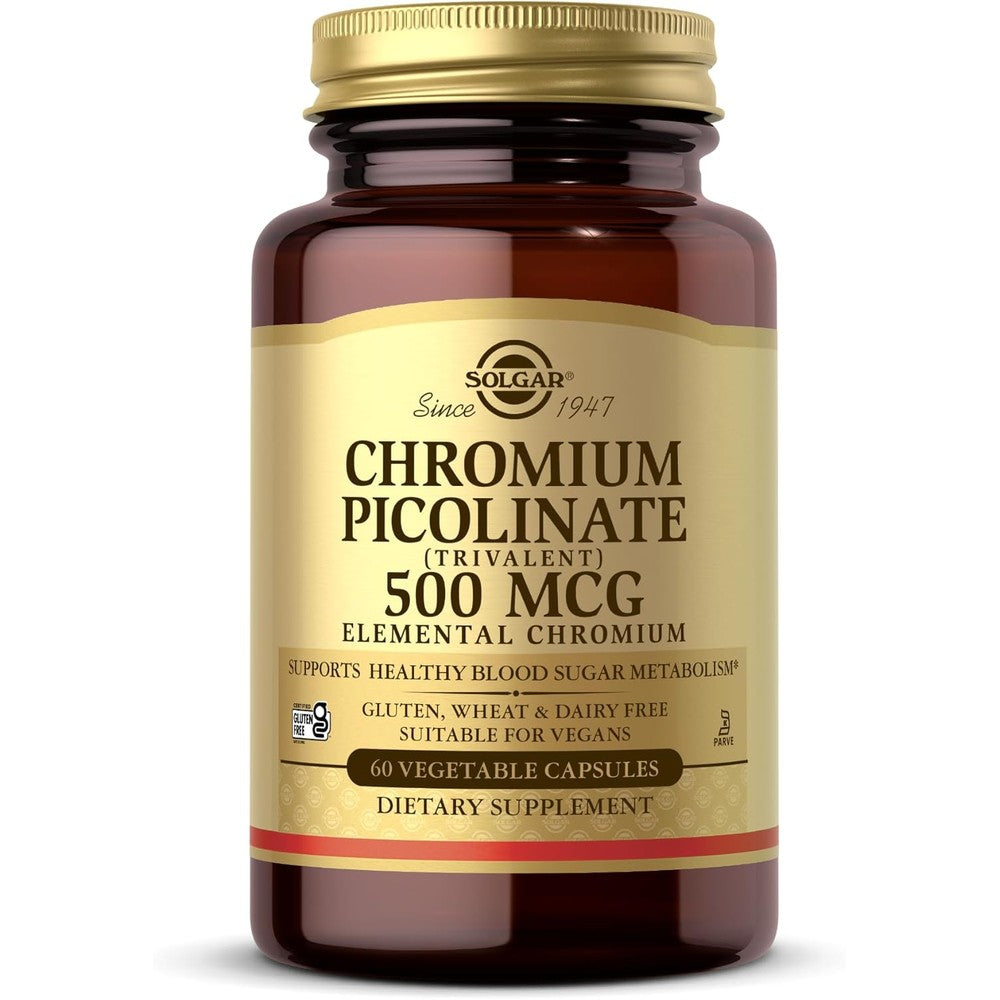 Solgar Chromium Picolinate 500mcg 60 Vegetable Capsules front bottle view for blood sugar metabolism