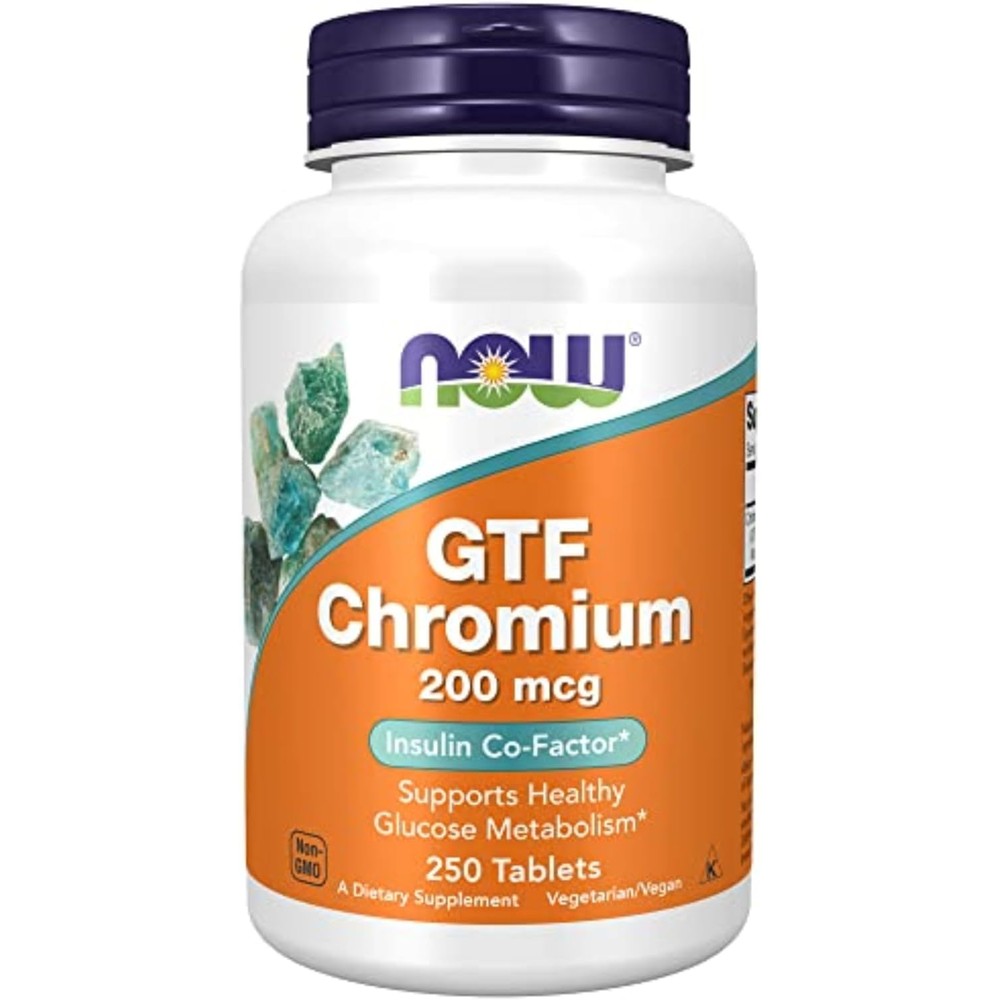 NOW Foods GTF Chromium 200 mcg 250 tablets front bottle view for glucose metabolism support.