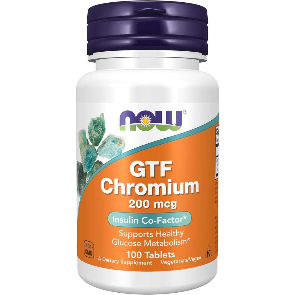 NOW Foods GTF Chromium 200 mcg 100 tablets front bottle view showing glucose metabolism support label