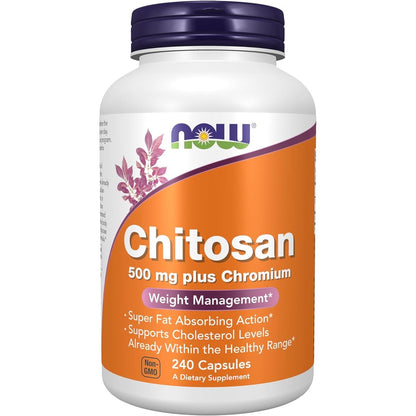 NOW Foods Chitosan 500 Milligrams Plus Chromium 240 Capsules front bottle view weight management supplement