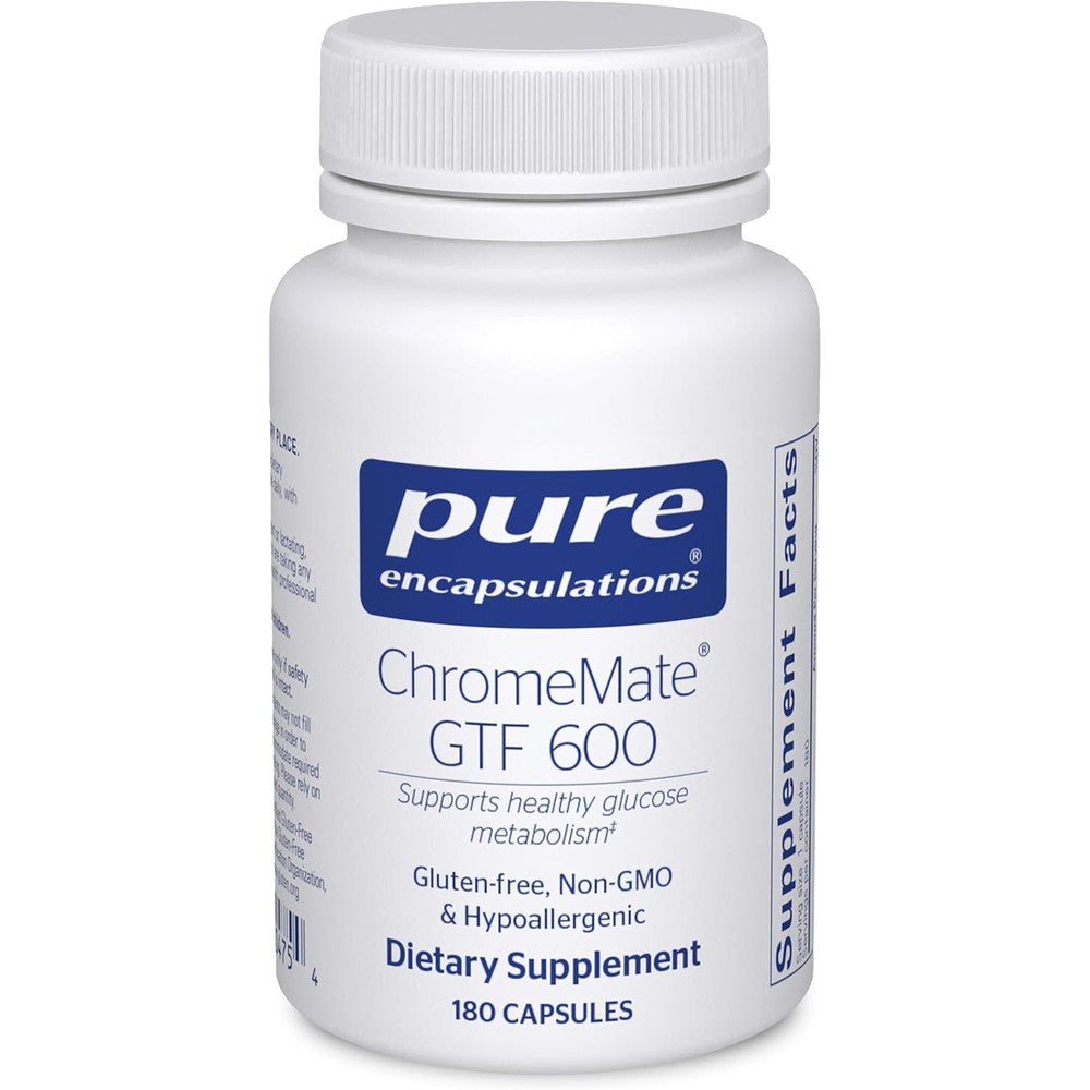 Pure Encapsulations ChromeMate GTF 600 180 capsules front view bottle showing chromium metabolism support supplement
