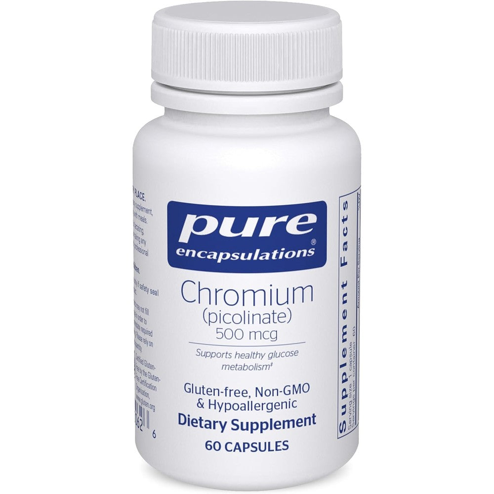Pure Encapsulations Chromium Picolinate 500 micrograms bottle front view showing metabolic support supplement info.