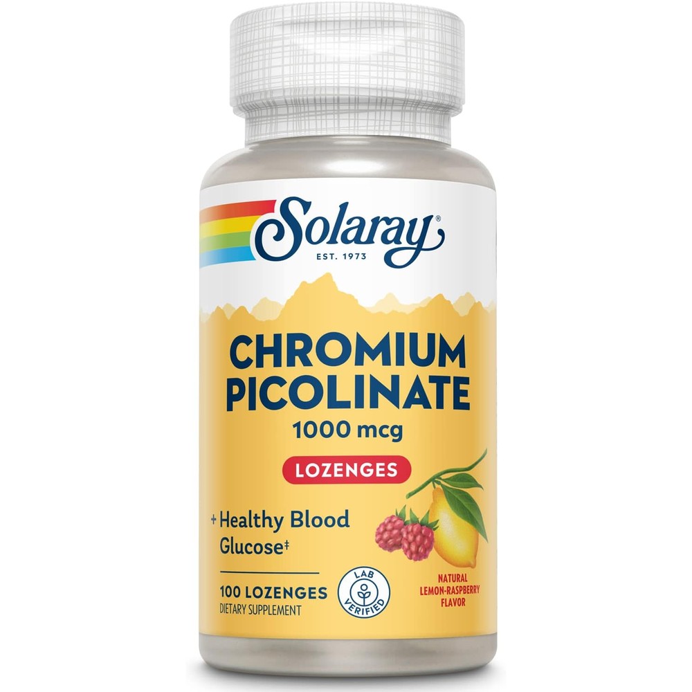 Solaray Chromium Picolinate 1000mcg 100 Lozenges bottle front view showcasing authentic USA imported blood glucose support supplement.