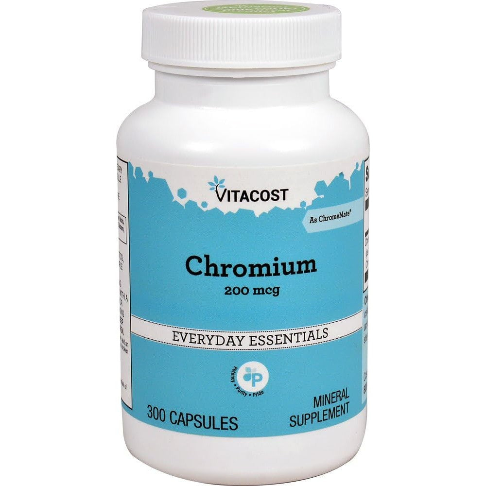 Vitacost Brand GTF Chromium Polynicotinate ChromeMate 300 capsules bottle front view showing product dosage information.