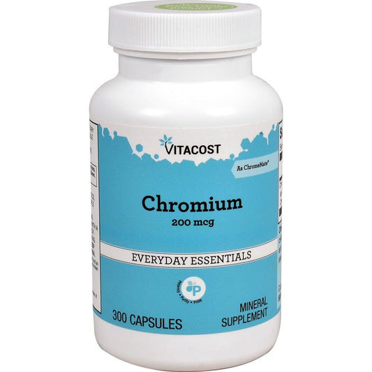 Vitacost Brand GTF Chromium Polynicotinate ChromeMate 300 capsules bottle front view showing product dosage information.