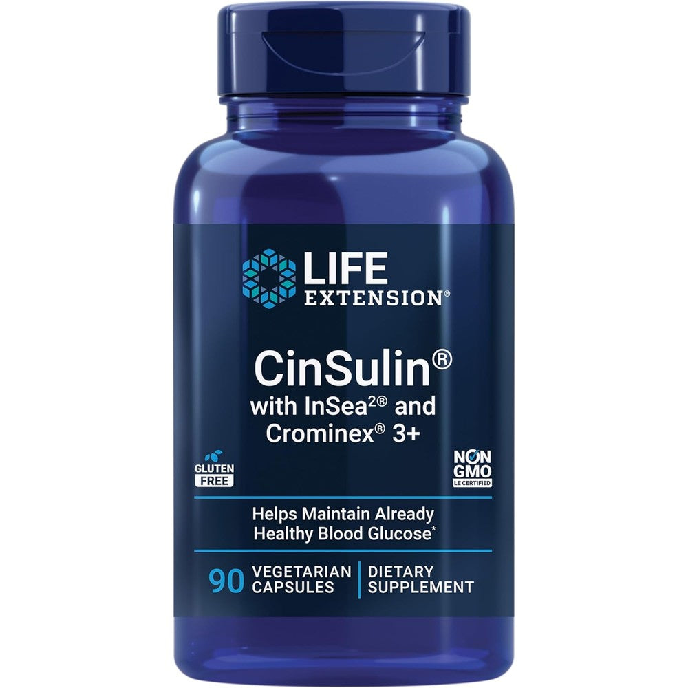 Life Extension CinSulin front view bottle showing 90 vegetarian capsules dietary supplement