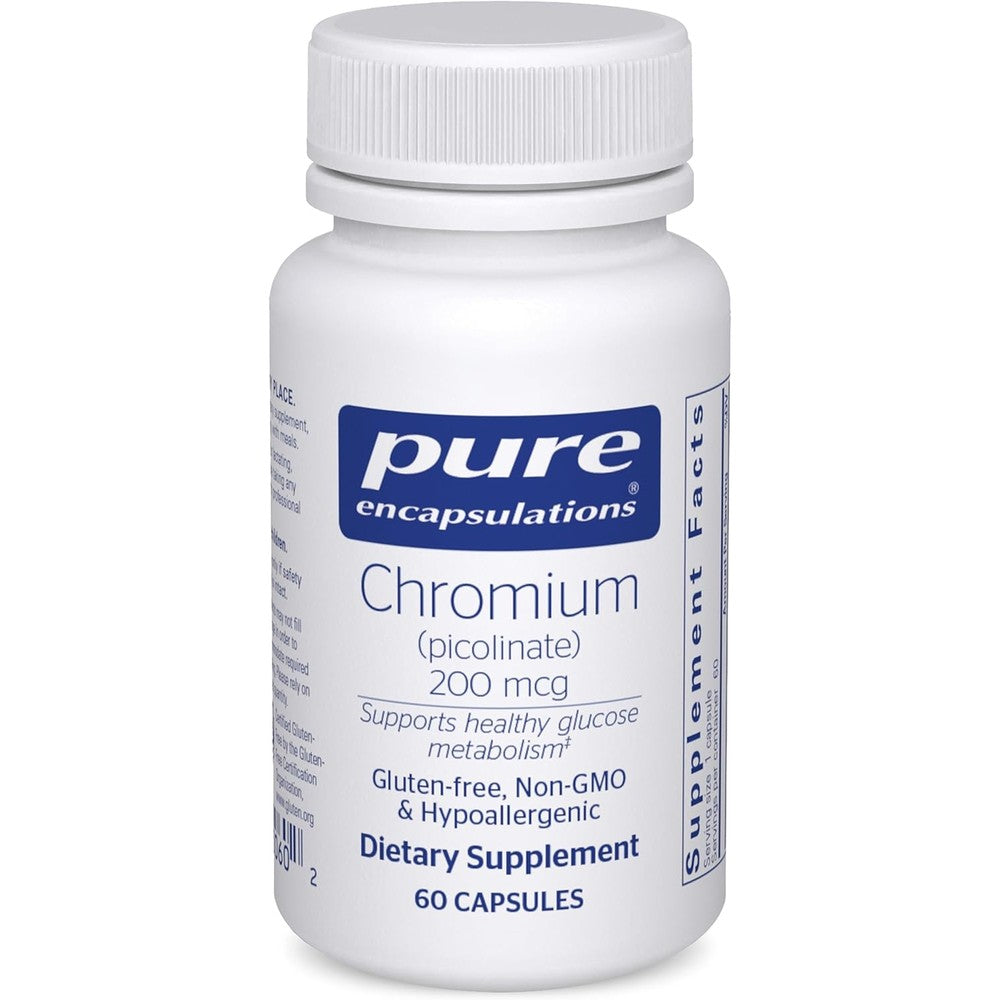 Pure Encapsulations Chromium Picolinate 200mcg bottle front view for glucose metabolism support.