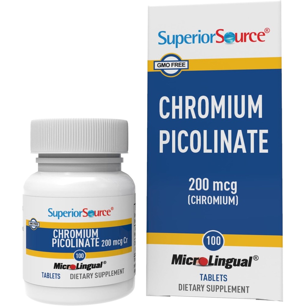 Superior Source Chromium Picolinate 200mcg front bottle view showing instant dissolve tablets