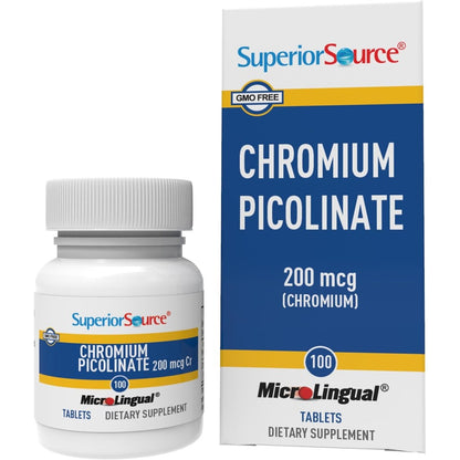 Superior Source Chromium Picolinate 200mcg front bottle view showing instant dissolve tablets