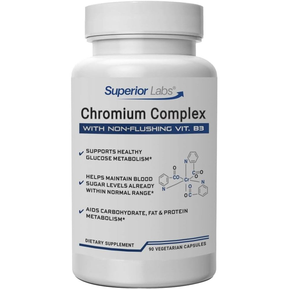 Superior Labs Chromium Complex front view bottle of glucose metabolism support capsules.