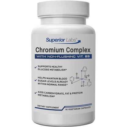 Superior Labs Chromium Complex front view bottle of glucose metabolism support capsules.