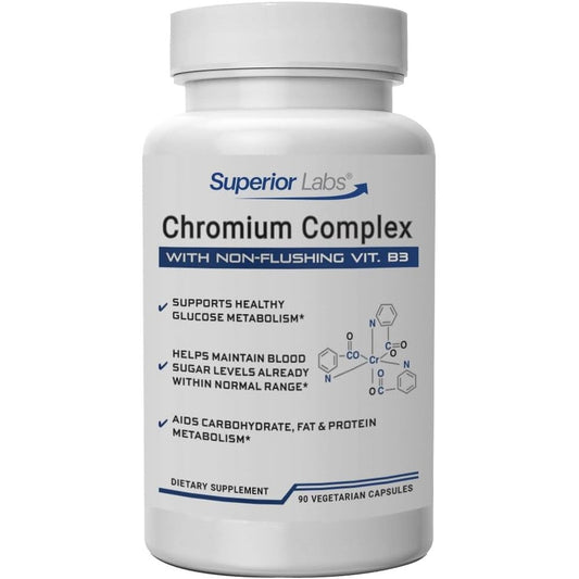 Superior Labs Chromium Complex front view bottle of glucose metabolism support capsules.