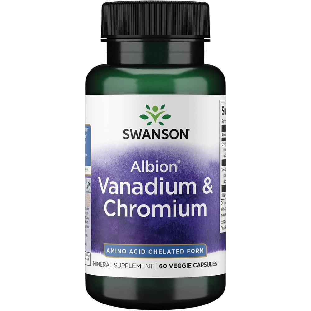 Swanson Albion Chelated Vanadium and Chromium 60 capsules front bottle view for blood sugar support.