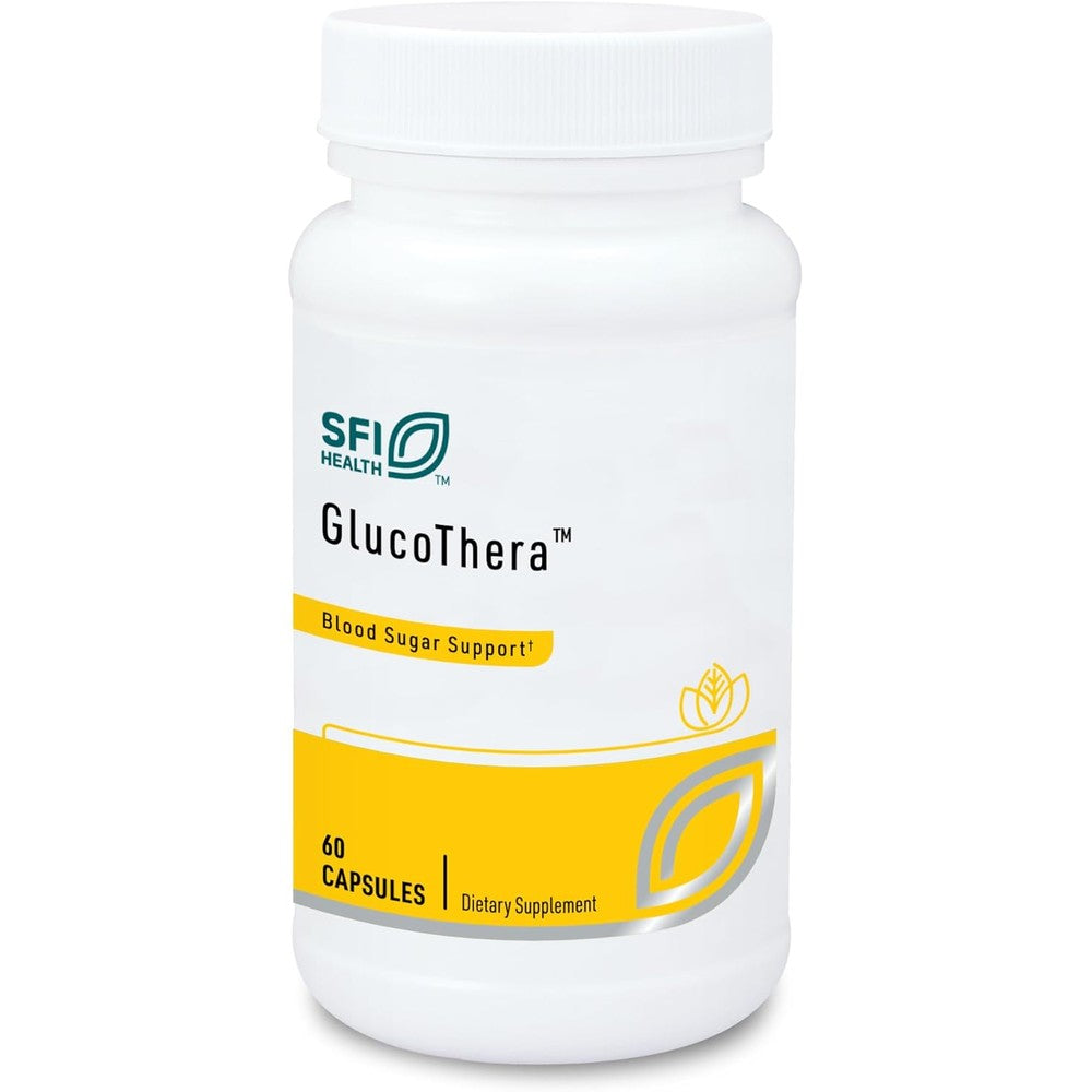 SFI Health Klaire Labs GlucoThera bottle front view showcasing premium chromium complex dietary supplement packaging.