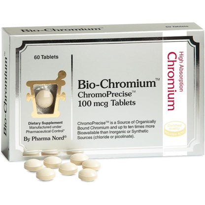 Pharma Nord Bio Chromium sixty tablets bottle front view for glucose metabolism support.