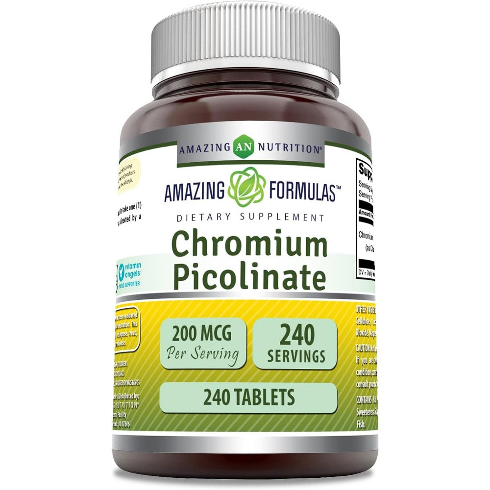 Amazing Nutrition Chromium Picolinate 200 mcg 240 tablets front label view for glucose metabolism support.