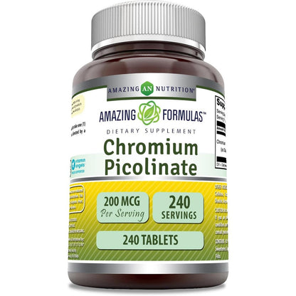 Amazing Nutrition Chromium Picolinate 200 mcg 240 tablets front label view for glucose metabolism support.