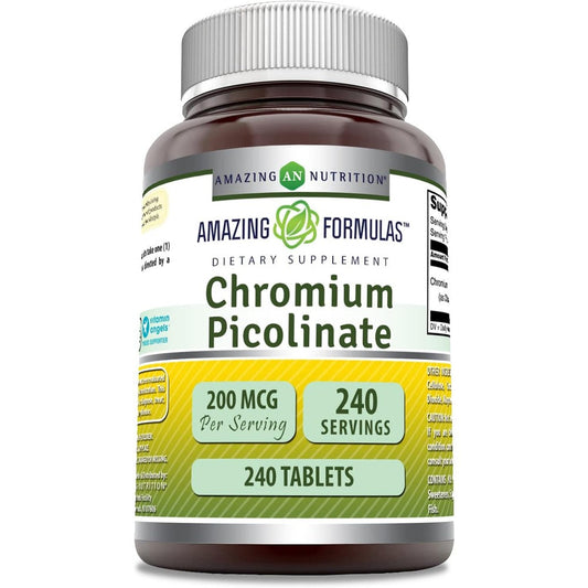 Amazing Nutrition Chromium Picolinate 200 mcg 240 tablets front label view for glucose metabolism support.