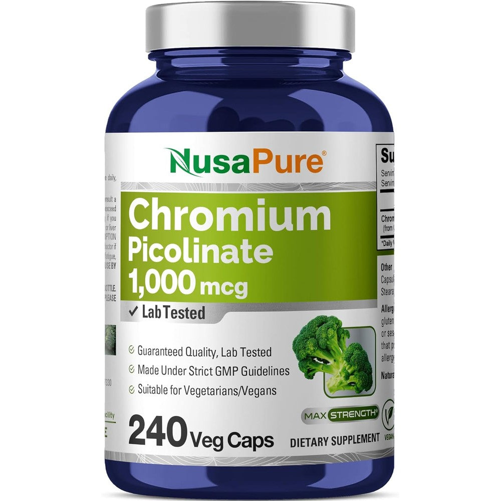 NusaPure Chromium Picolinate 1000mcg bottle front view for metabolism support