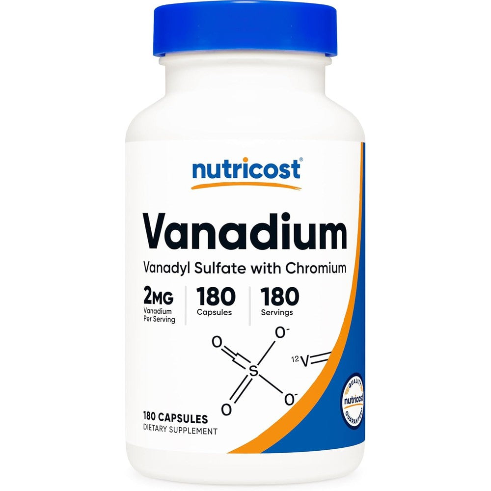 Nutricost Vanadium and Chromium supplement bottle front view showing capsule count and metabolic support features.