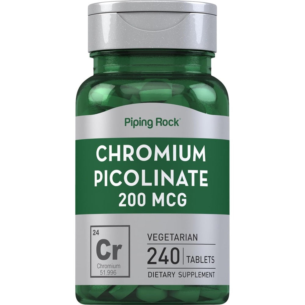 Piping Rock Chromium Picolinate 200 mcg front view bottle showing 240 vegetarian tablets daily mineral supplement