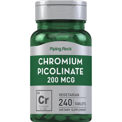 Piping Rock Chromium Picolinate 200 mcg front view bottle showing 240 vegetarian tablets daily mineral supplement