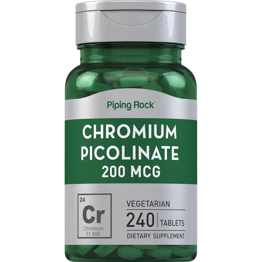 Piping Rock Chromium Picolinate 200 mcg front view bottle showing 240 vegetarian tablets daily mineral supplement