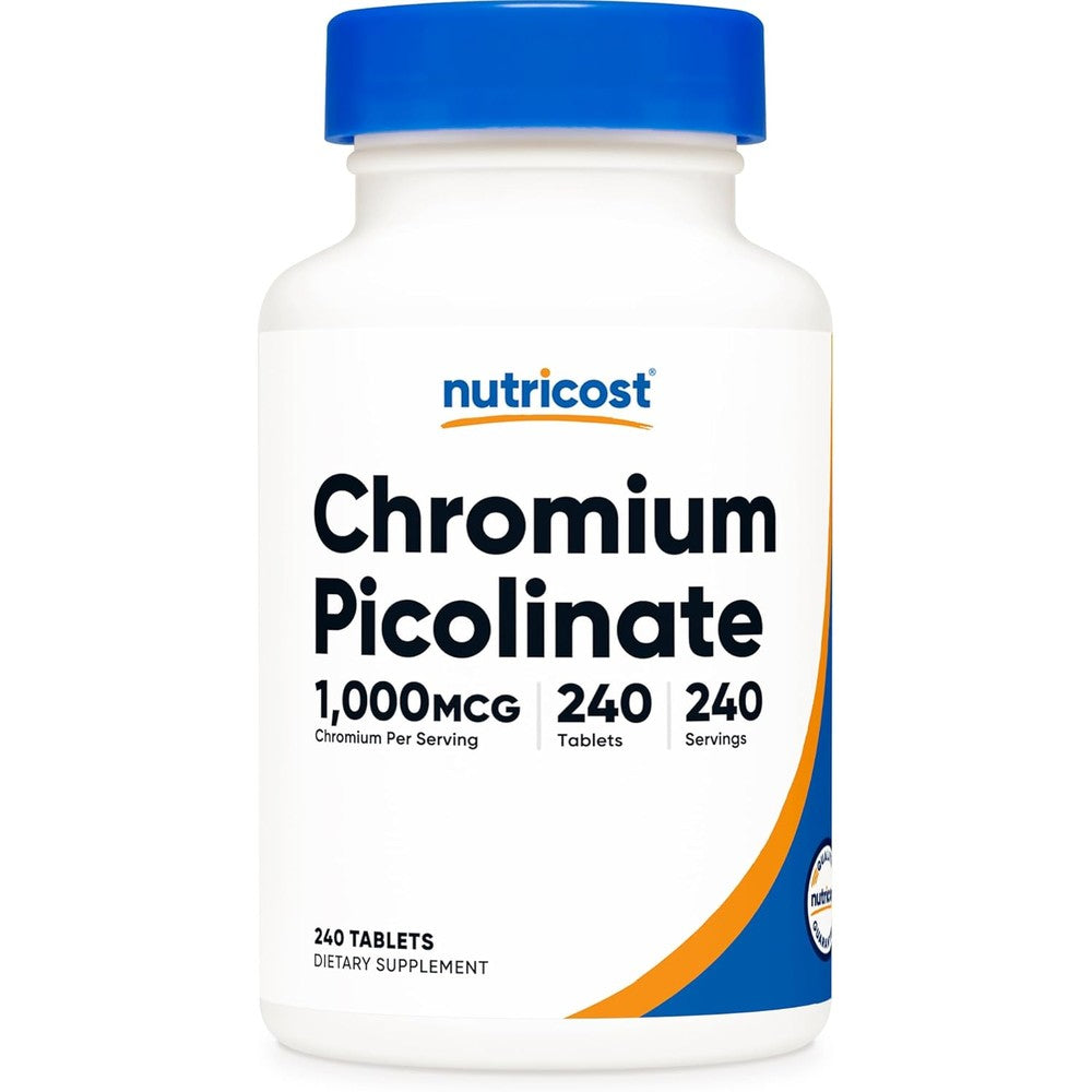 Nutricost Chromium Picolinate 1000 mcg 240 tablets bottle front view showing high potency blood sugar support label.