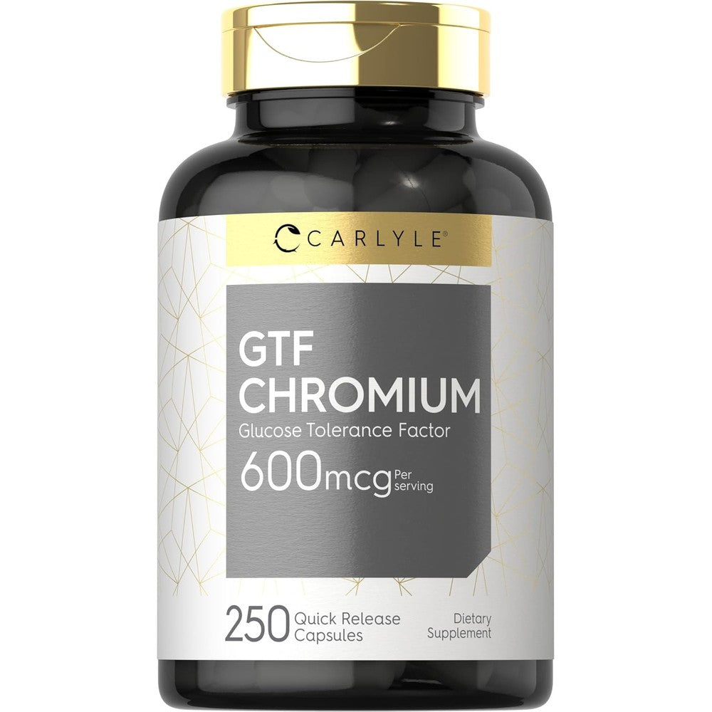 Carlyle GTF Chromium 600 mcg 250 capsules front view of premium dietary supplement bottle with gold cap.