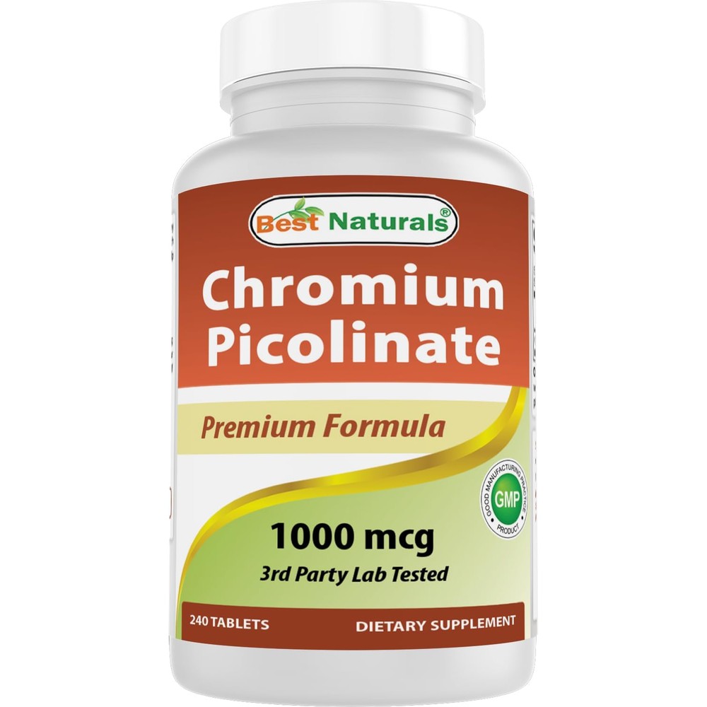 Best Naturals Chromium Picolinate 1000 Micrograms 240 Tablets front view bottle for blood sugar support