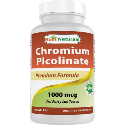Best Naturals Chromium Picolinate 1000 Micrograms 240 Tablets front view bottle for blood sugar support