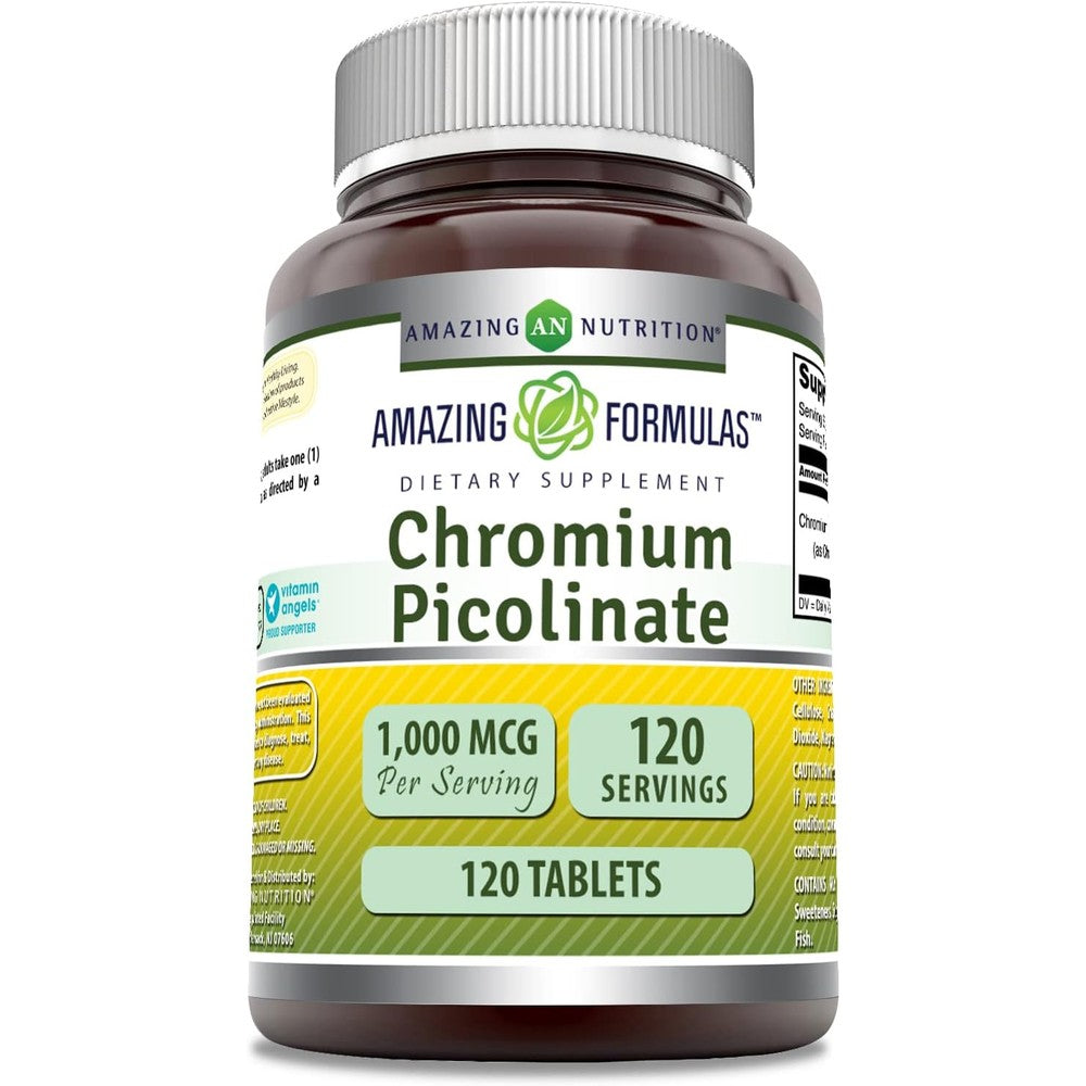 Amazing Nutrition Amazing Formulas Chromium Picolinate 1000 Micrograms front bottle view for glucose metabolism support.