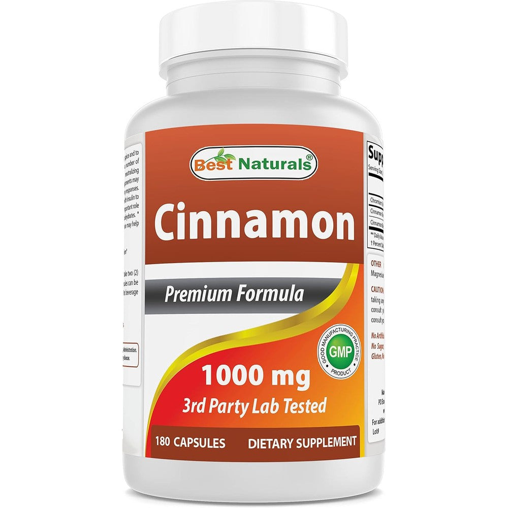Best Naturals Cinnamon 2000mg with Chromium 180 capsules front view for metabolic support