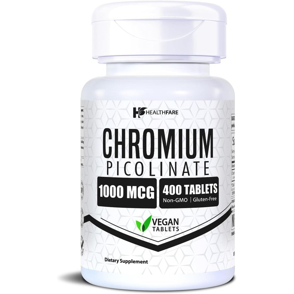HealthFare Chromium Picolinate 1000 Mcg front view of the white bottle showcasing 400 vegan tablets for metabolism support.