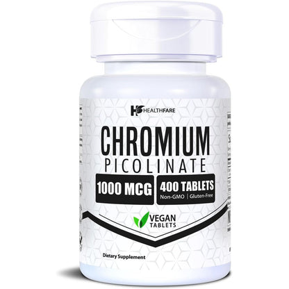 HealthFare Chromium Picolinate 1000 Mcg front view of the white bottle showcasing 400 vegan tablets for metabolism support.