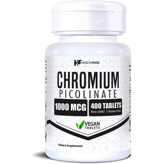 HealthFare Chromium Picolinate 1000 Mcg front view of the white bottle showcasing 400 vegan tablets for metabolism support.