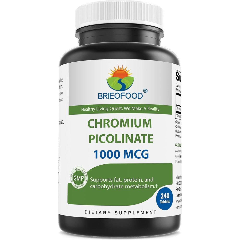 Brieofood Chromium Picolinate 1000 Mcg 240 Tablets front view bottle for metabolism support