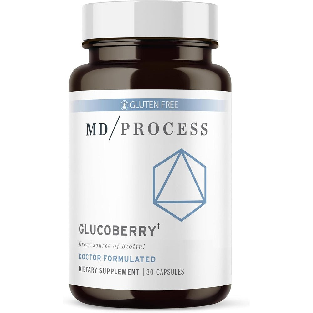 MD Process GlucoBerry 30 capsules bottle front view showing blood sugar support formula