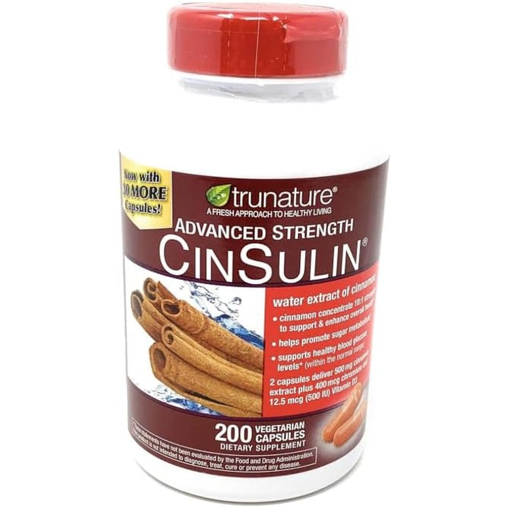 TruNature Advanced Strength CinSulin 200 vegetarian capsules bottle front view showing cinnamon extract and chromium ingredients.