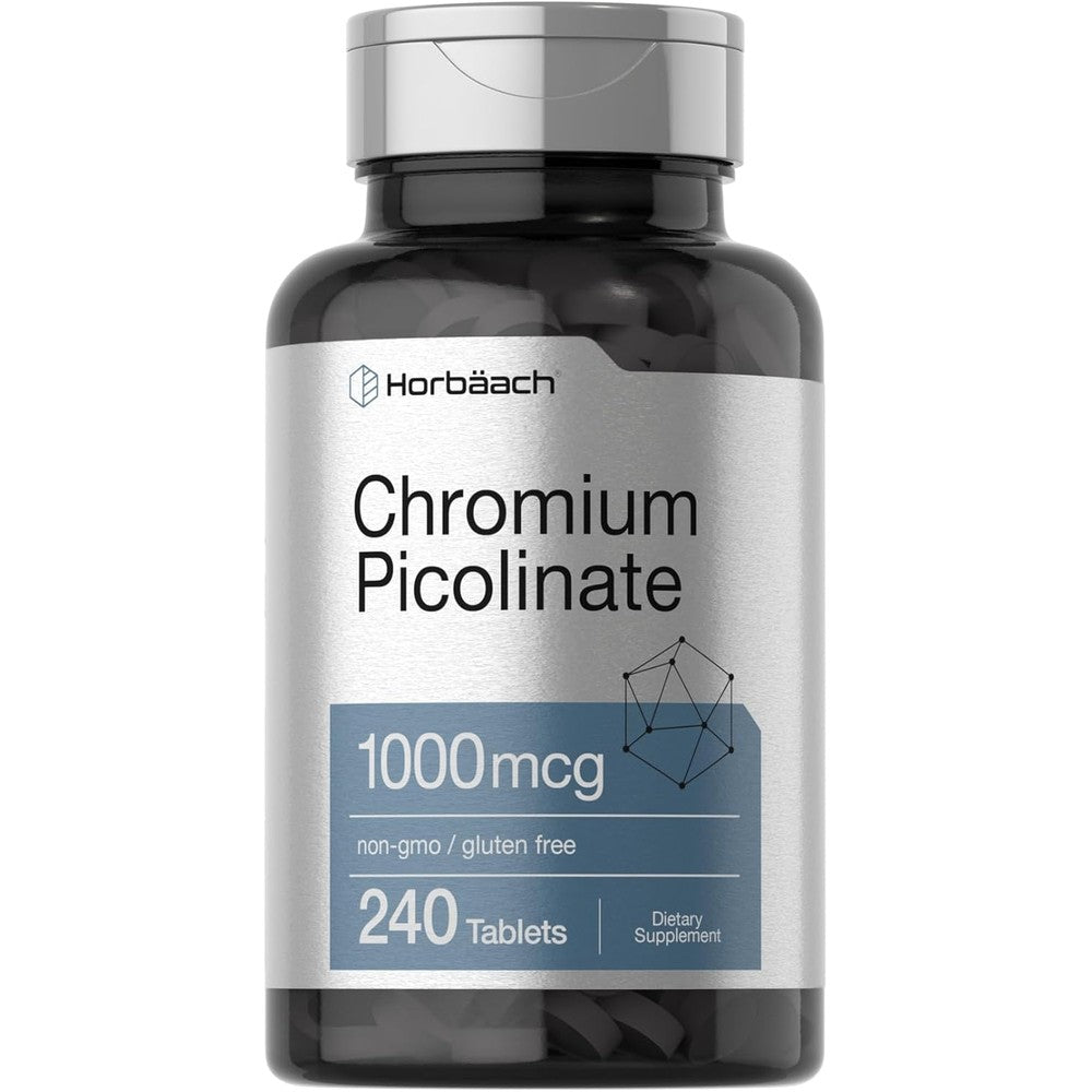Horbaach chromium picolinate 1000 mcg 240 vegetarian tablets front view bottle