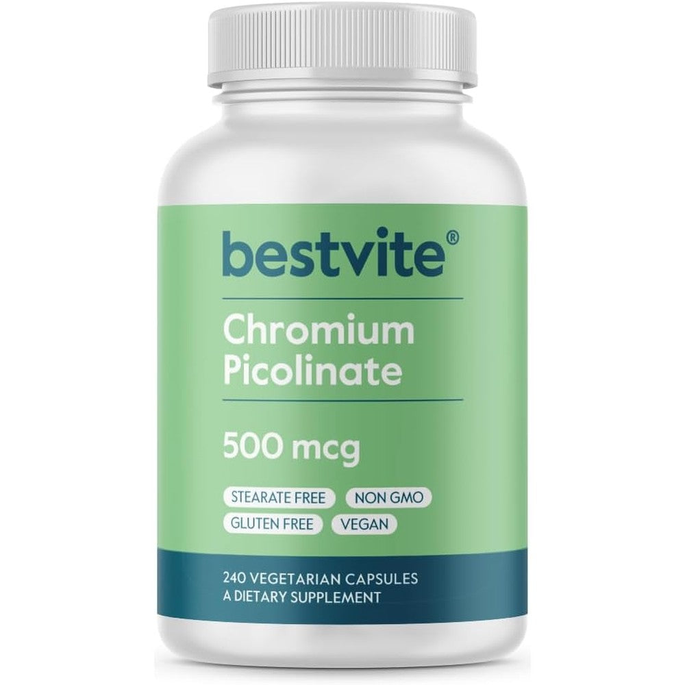 Bestvite Chromium Picolinate 500 Mcg 240 Vegan Capsules front bottle view for glucose metabolism support