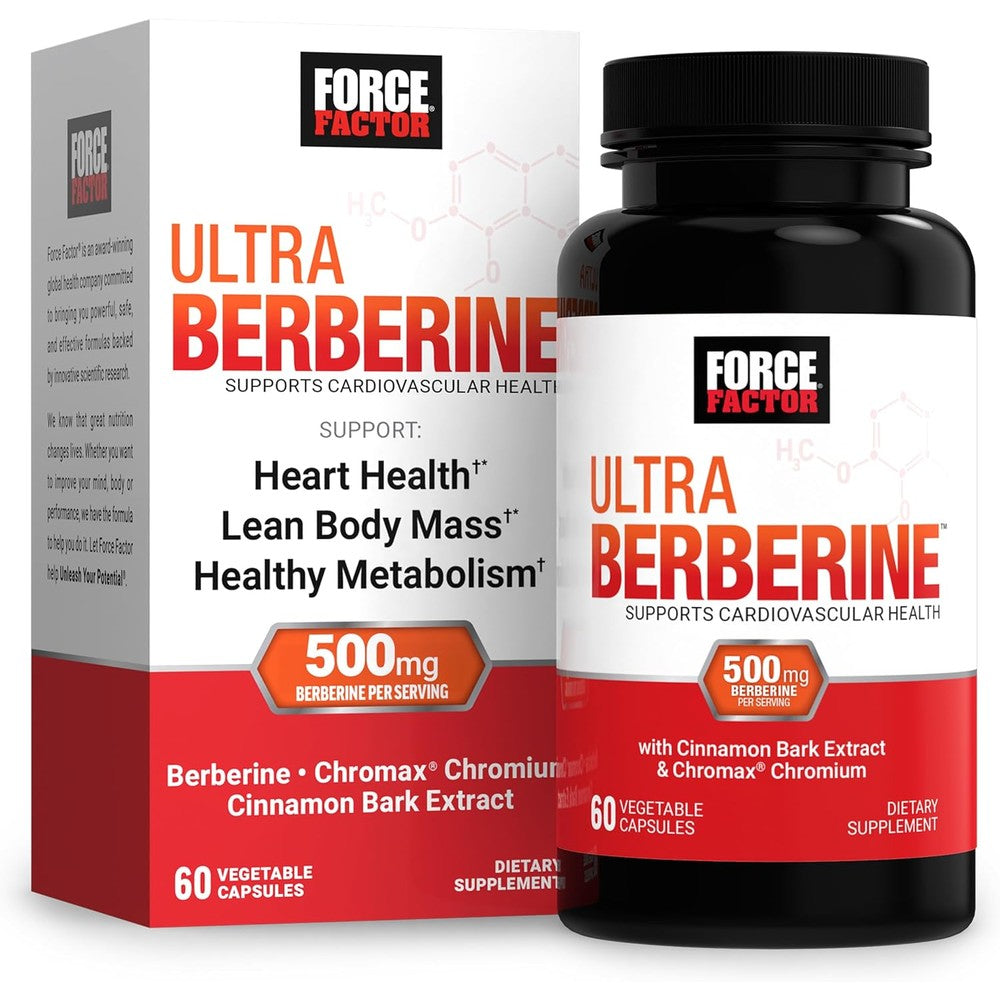 Force Factor Ultra Berberine 500 Milligrams bottle front view showing metabolic support benefits