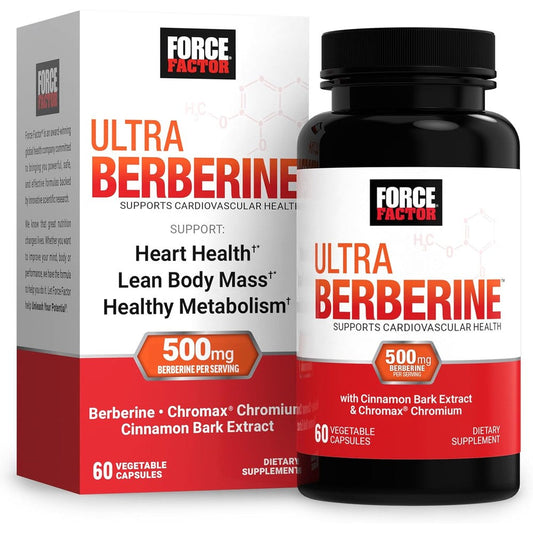 Force Factor Ultra Berberine 500 Milligrams bottle front view showing metabolic support benefits