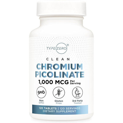 Type Zero Clean Chromium Picolinate 1000 Micrograms front view bottle for metabolism support